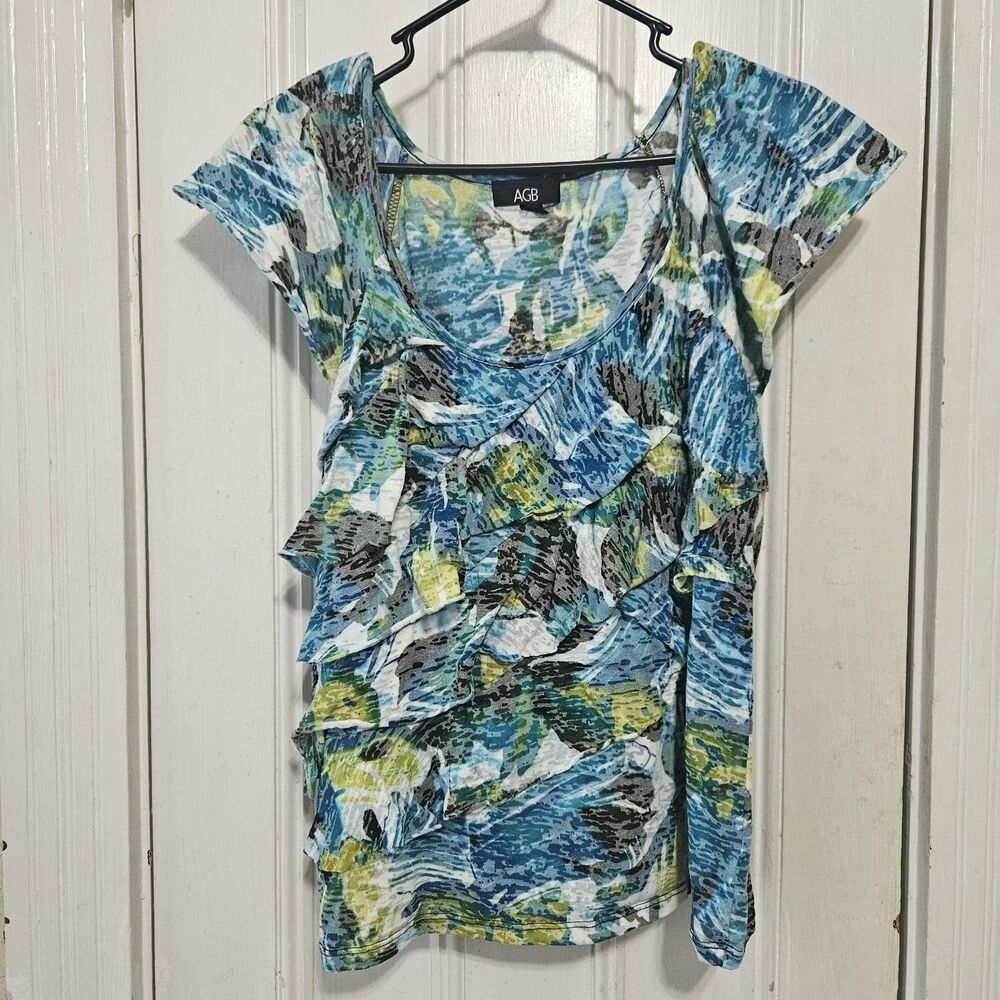 AGB Abstract Ruffled Short Sleeve Lightweight Scoop Neck Top Large